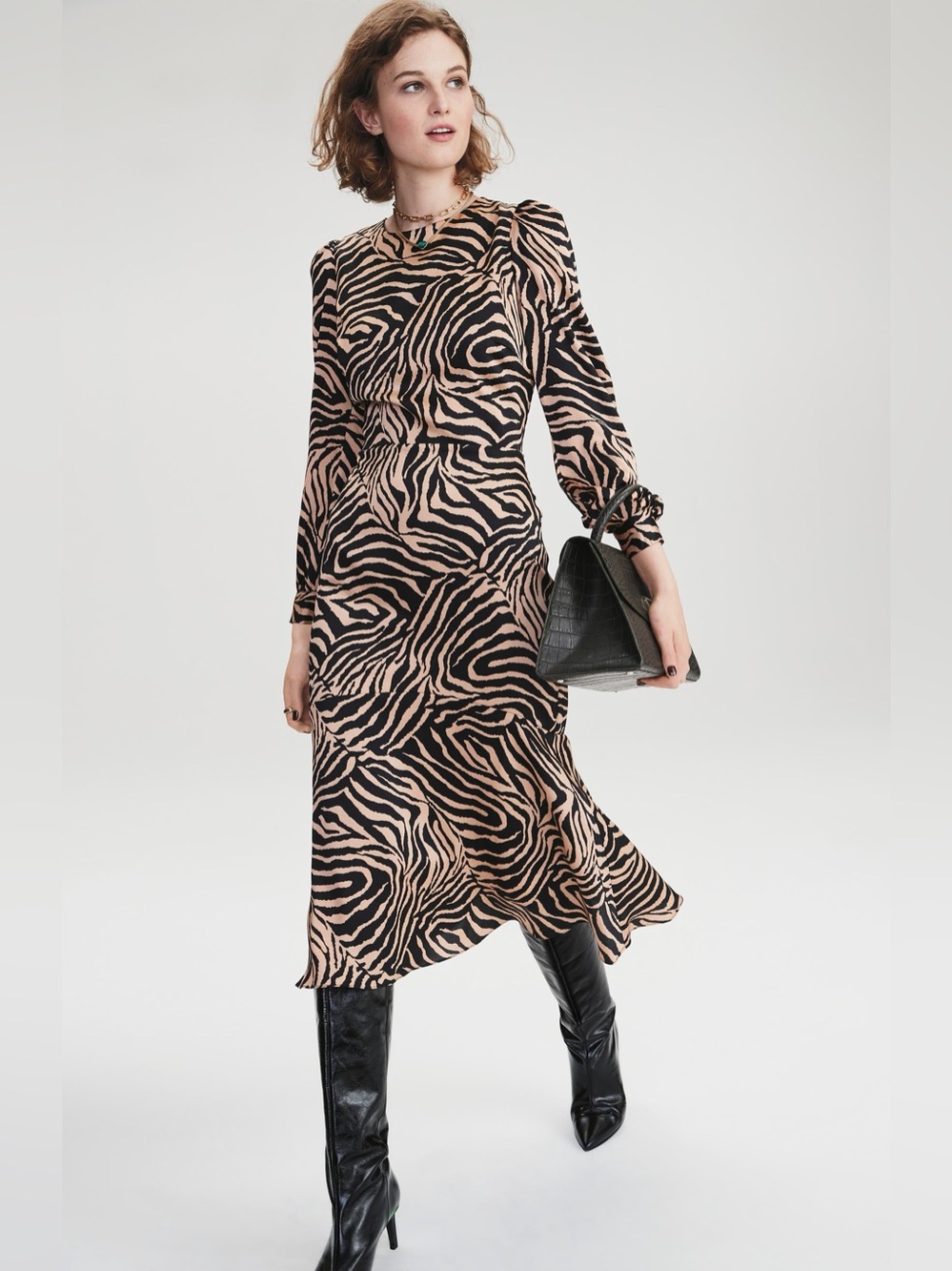 Chelsea28 Zebra Print Trumpet Midi Dress NWT Size M Animal Print Black Gold NWT